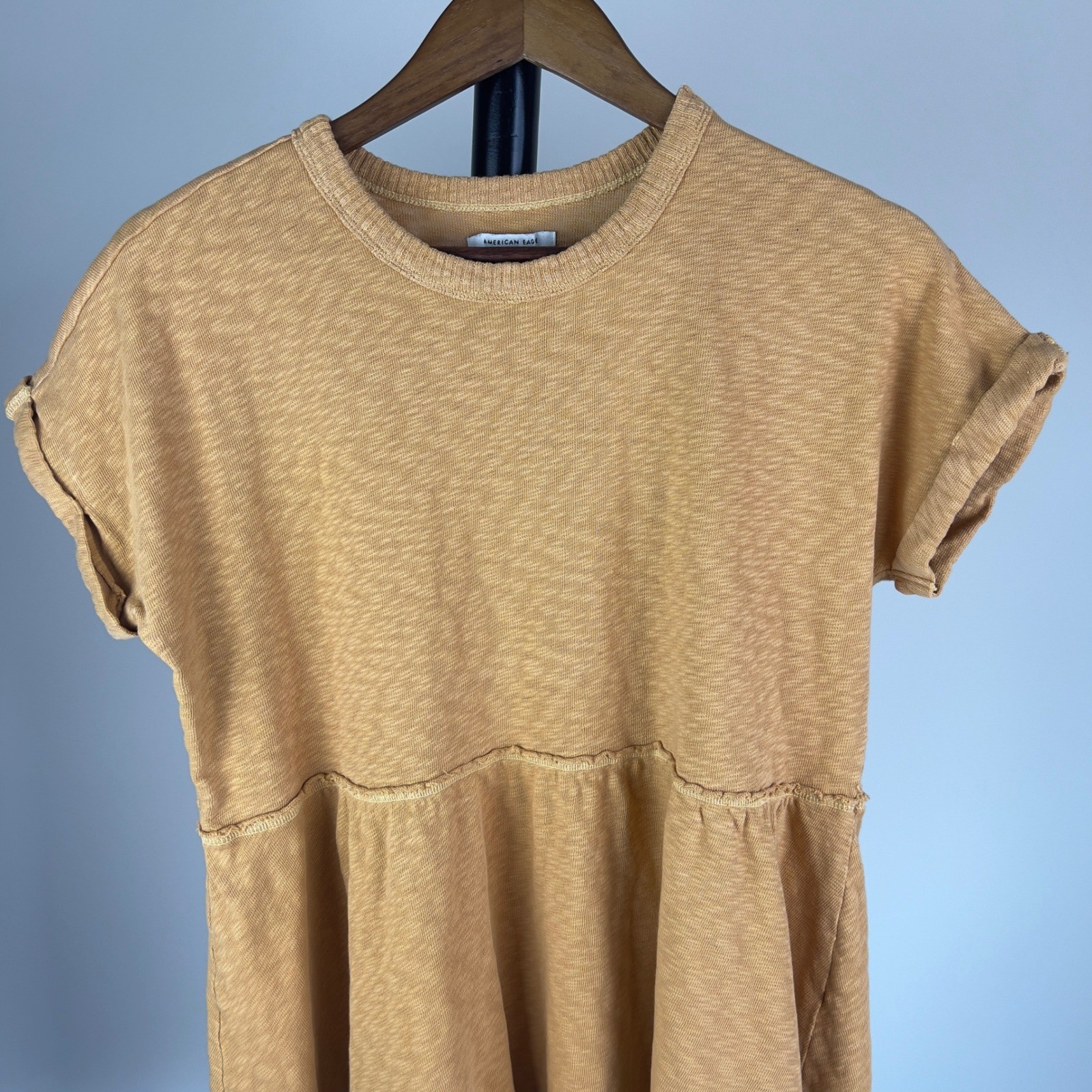 American Eagle Mustard Yellow Cotton Slub Babydoll Mini Dress Short Sleeve M