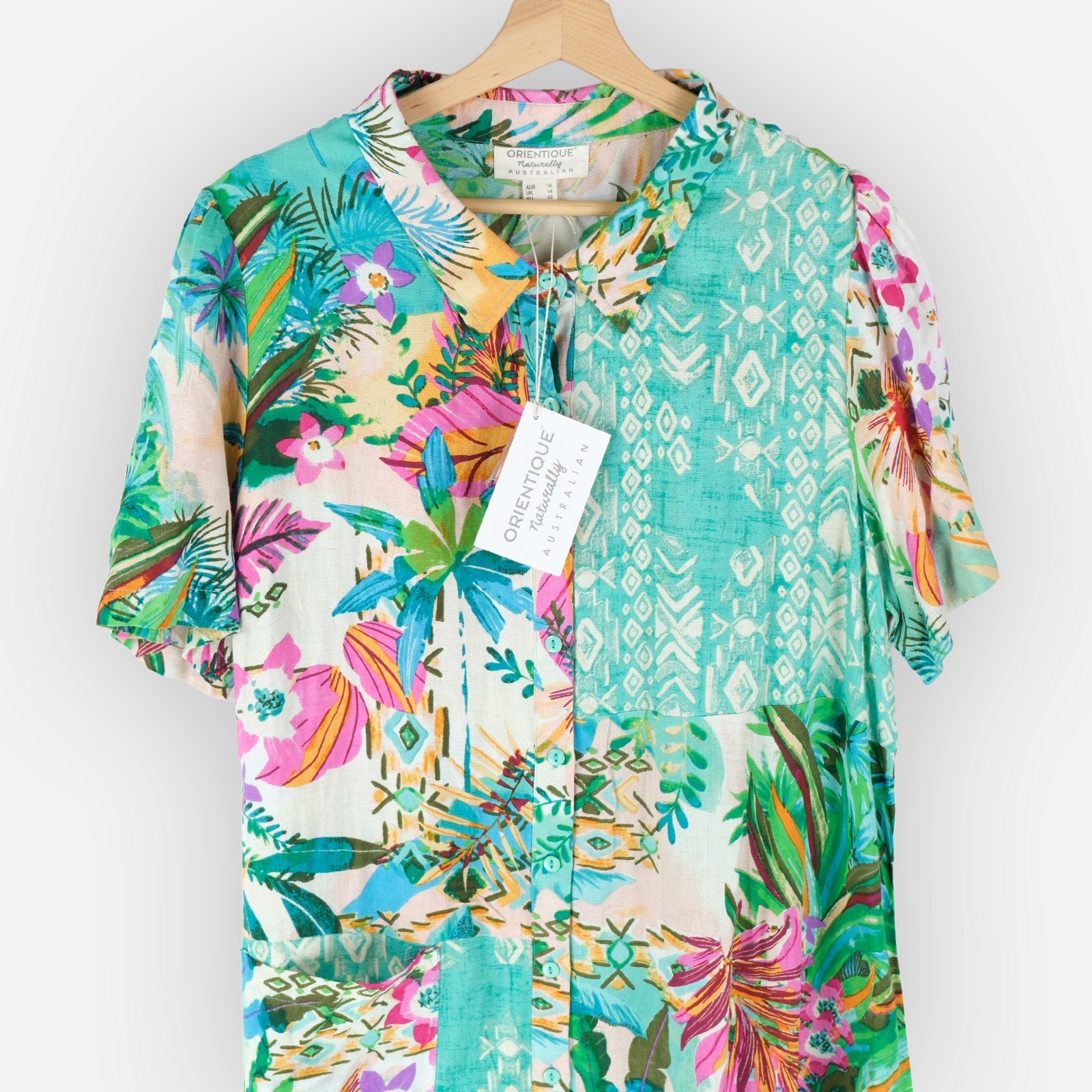 Orientique Collared Patchwork Midi Dress HANALEI Print (#91001) Size US M/ UK 14
