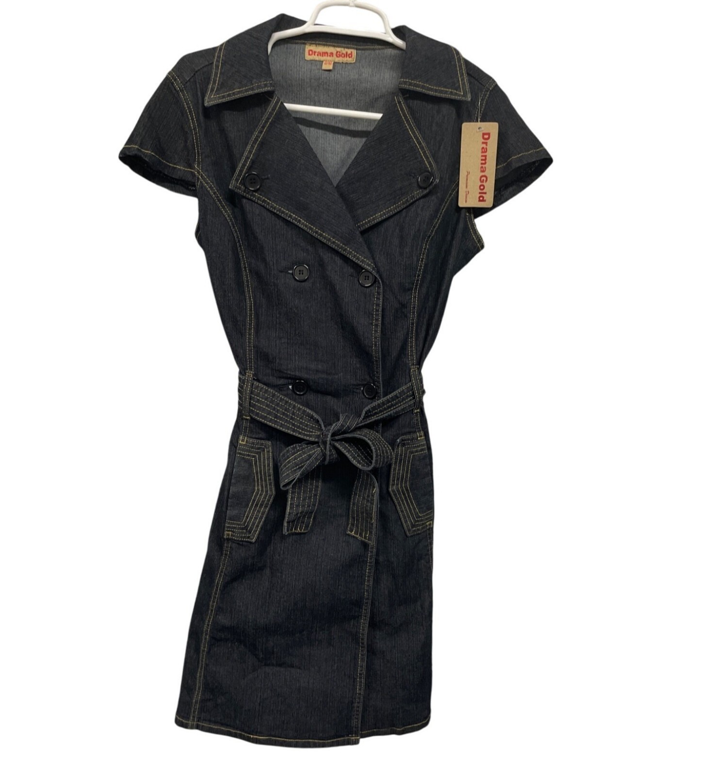 Botique Black Denim Double Breasted Button Down Dress Belted Waist Size 9/10
