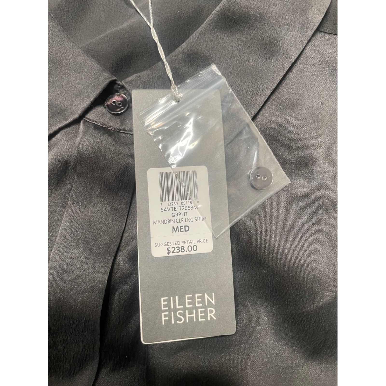 NWT EILEEN FISHER Black Silk Sheer Georgette Mandarin Collar Long Shirt Dress M