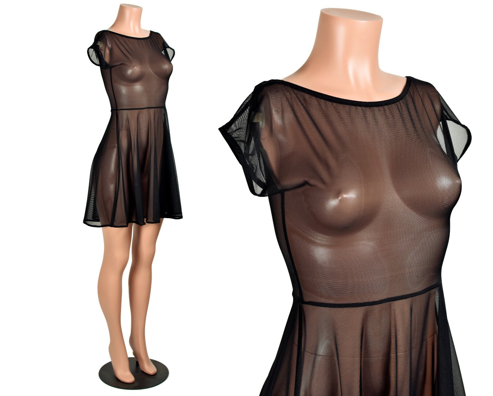 Sheer Black Mesh Skater Dress XS to 3XL plus size see through gothic stretch