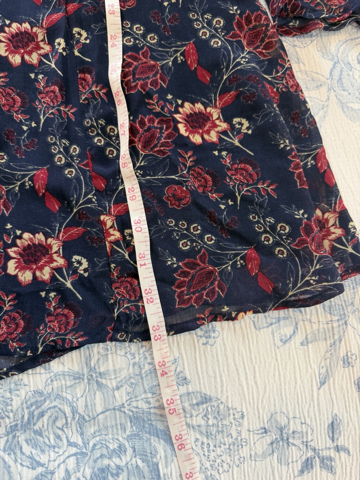 Speechless Navy Red Floral Chiffon Shift Dress Long Bell Sleeve Round Neck Large