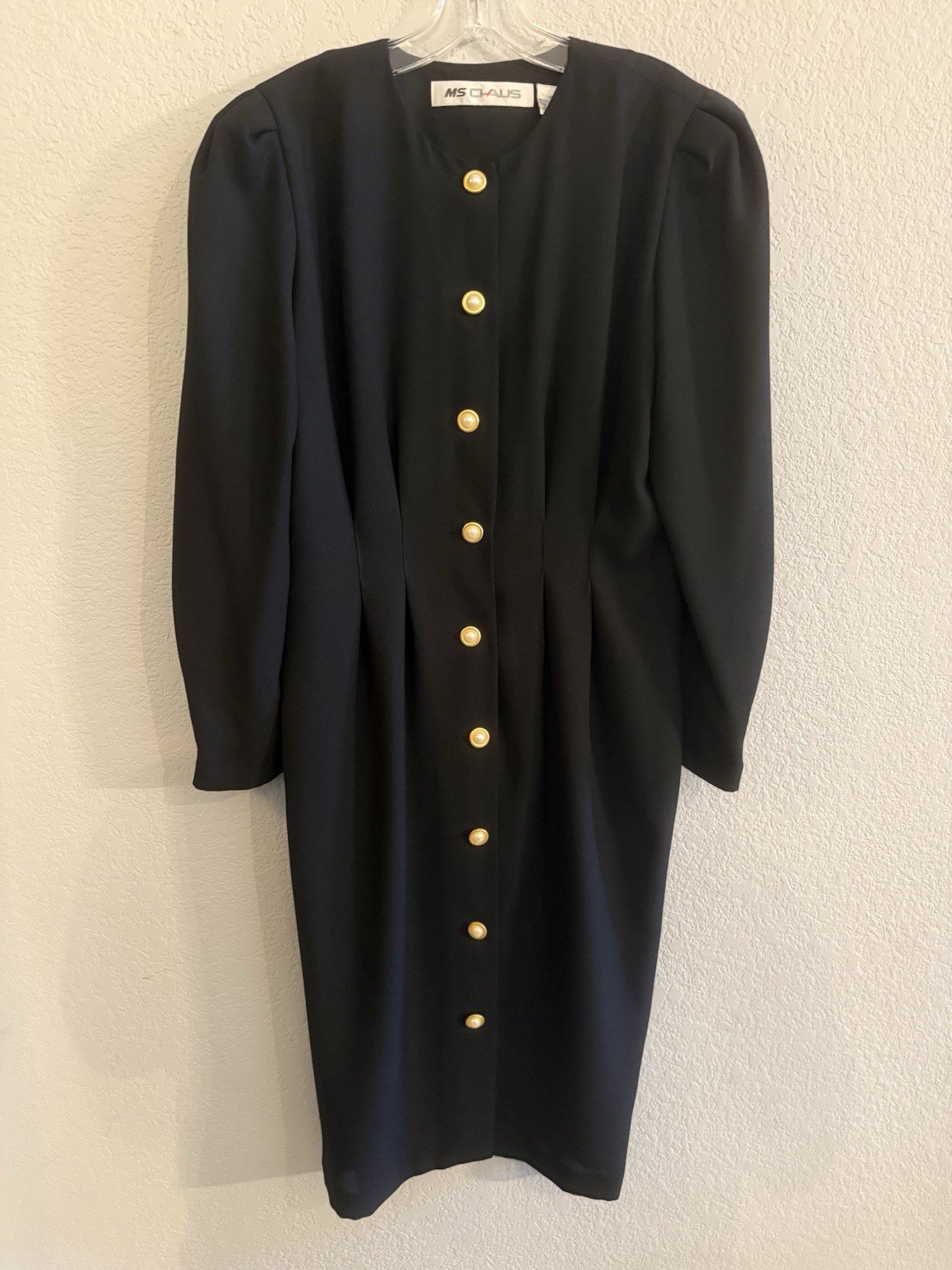 MS Chaus Pearl Button Front Sheath Career Midi Dress Long Sleeves Sz 10 Black