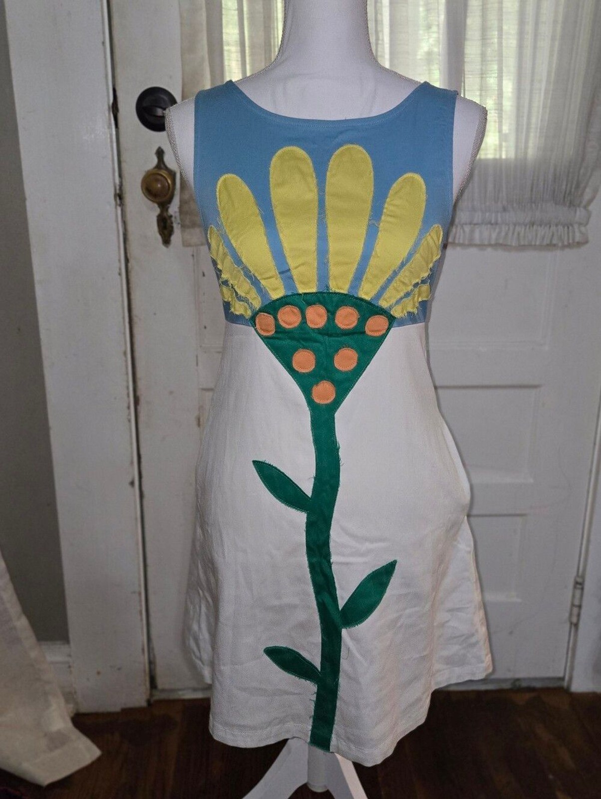 Sleeveless Blue, Yellow & White Floral Appliqué Dress