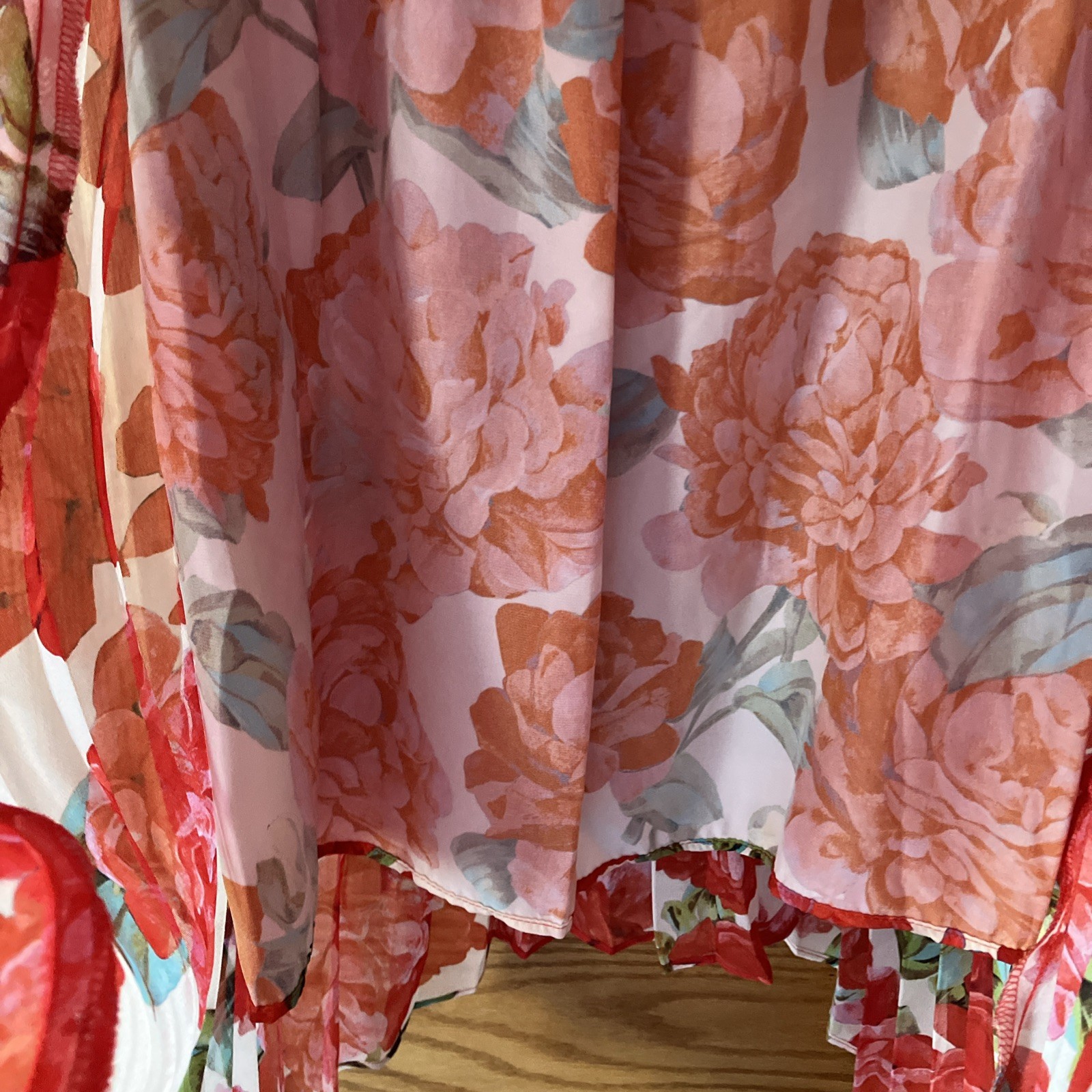 NWT The Kooples Red Floral Roses Pleated Midi Dress Handkerchief Hem Sz 2 PRETTY