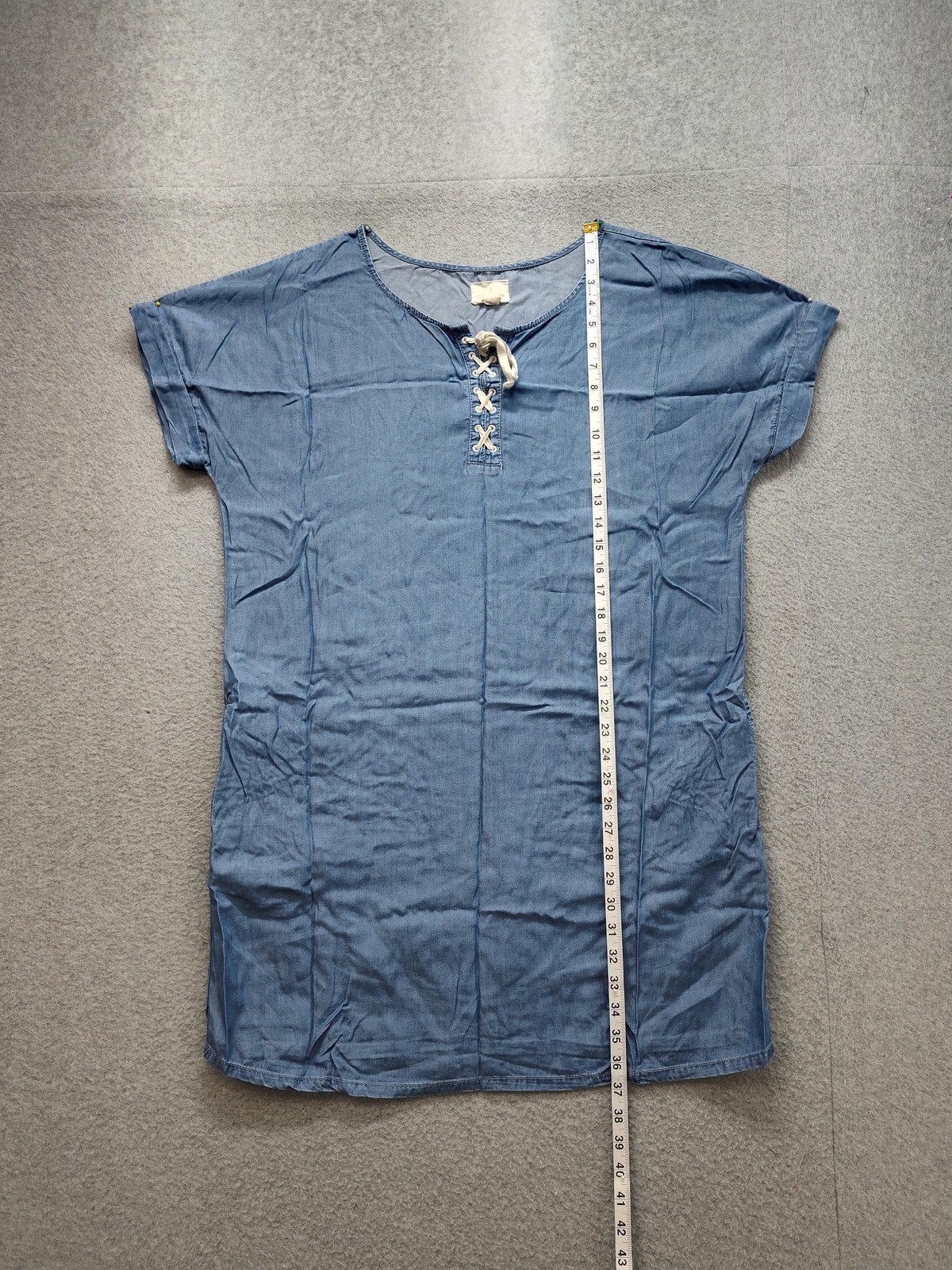 Caslon Dress Womens Large Blue Chambray Lace Up Scoop Neck Shift Short Sleeve