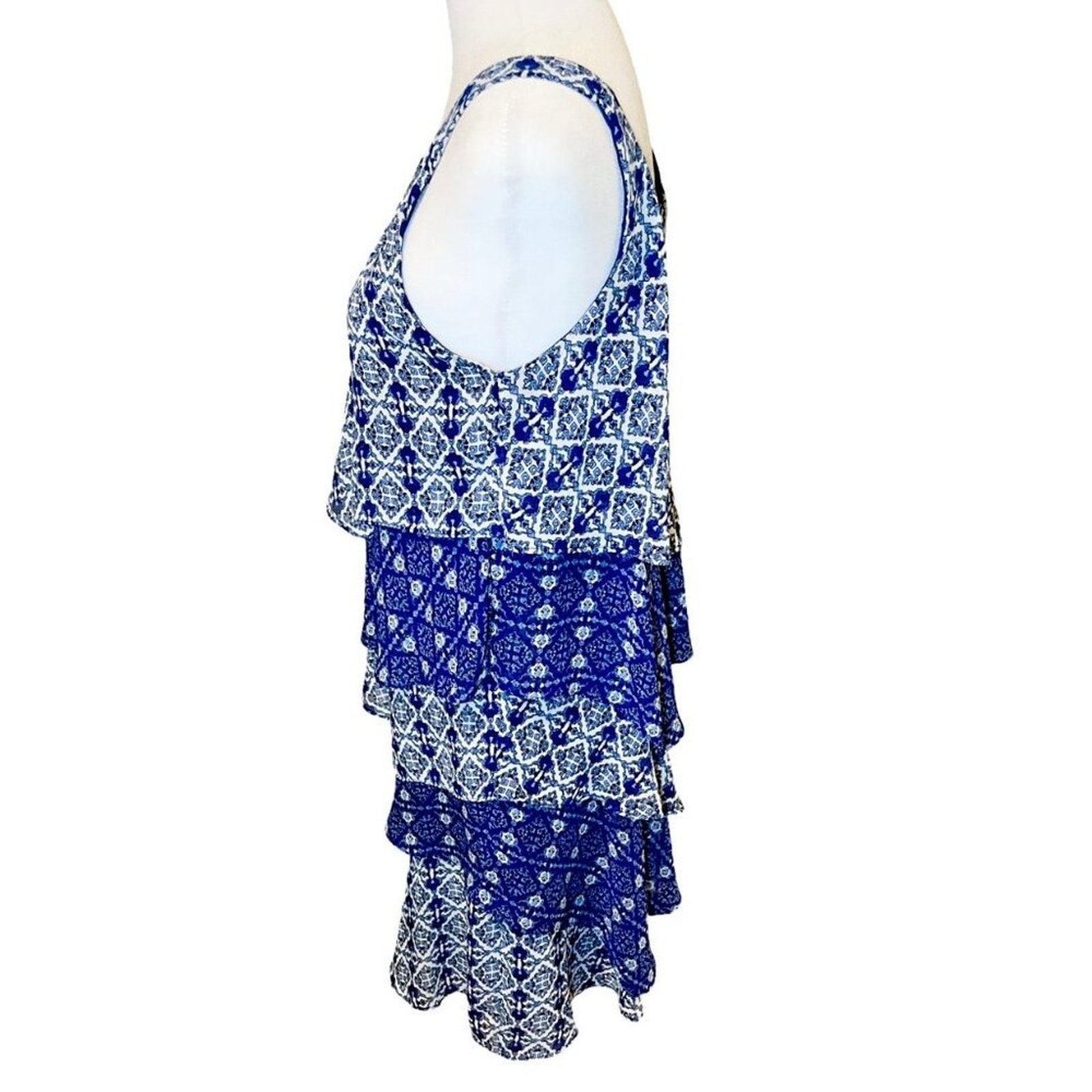 ‘Bethany’ Vintage 90s Ruffle Tiered Blue and White Print Slip On Dress Size 6P