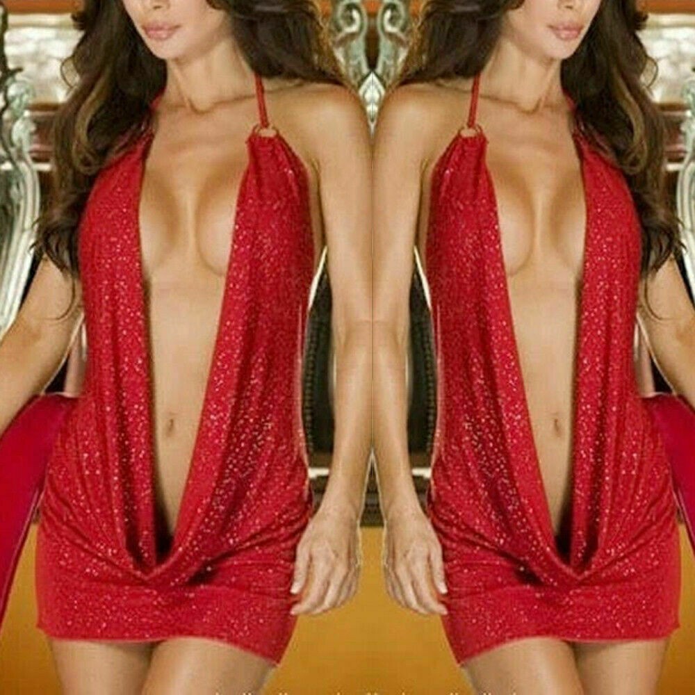 Small RED Sequin Glittery Naughty Knit V-Neck PLUNGE! Backless Bodycon Lingerie