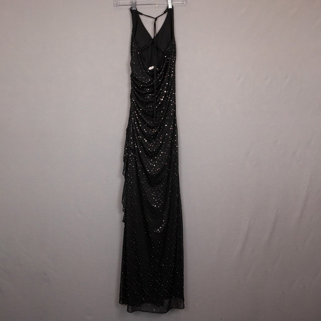 Y2K Jodi Kristopher black silver polkadot halter side ruffle long slip gown-M