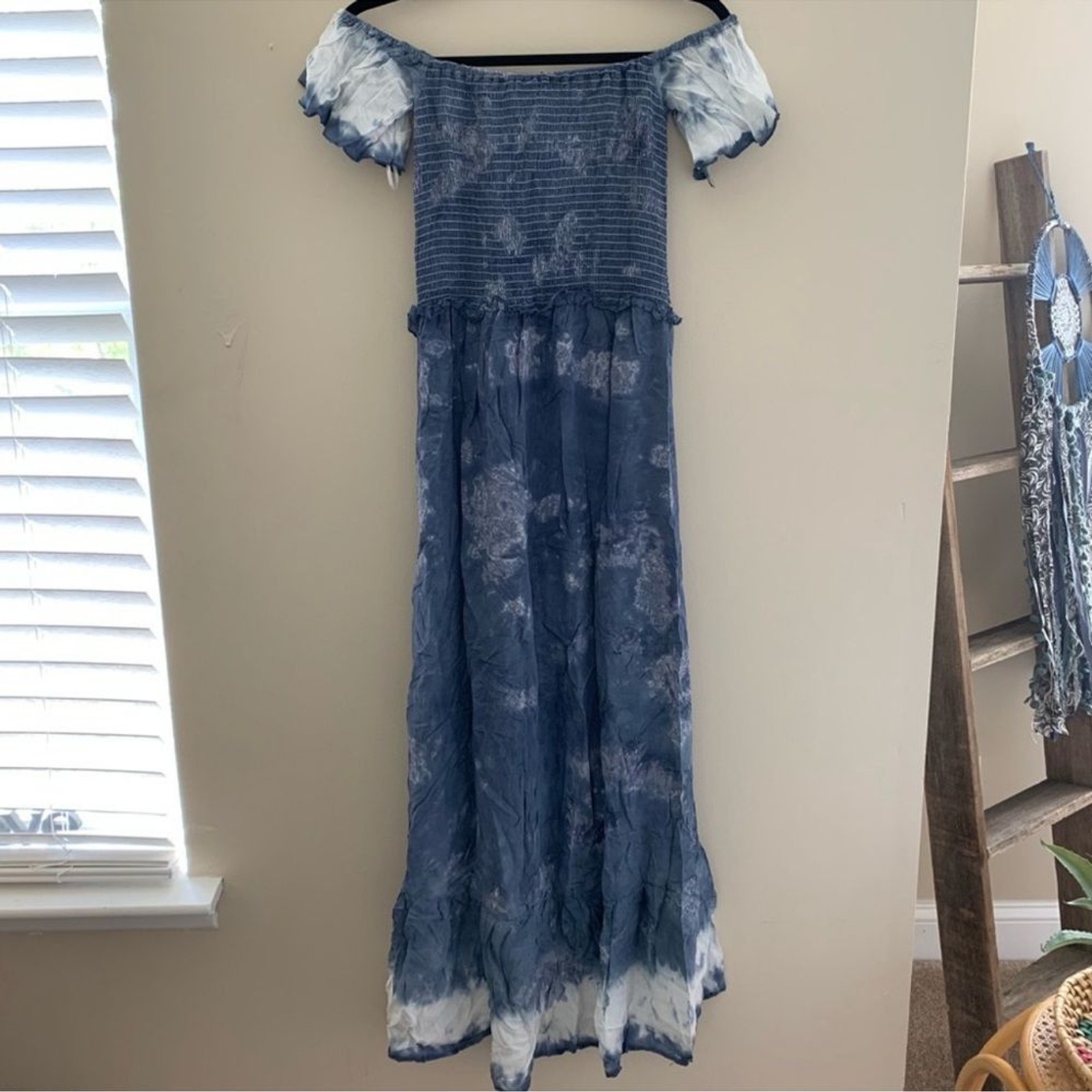 Surf Gypsy Blue Tie Dye Smock Top High-Low Maxi Dress with Flutter Sleeve