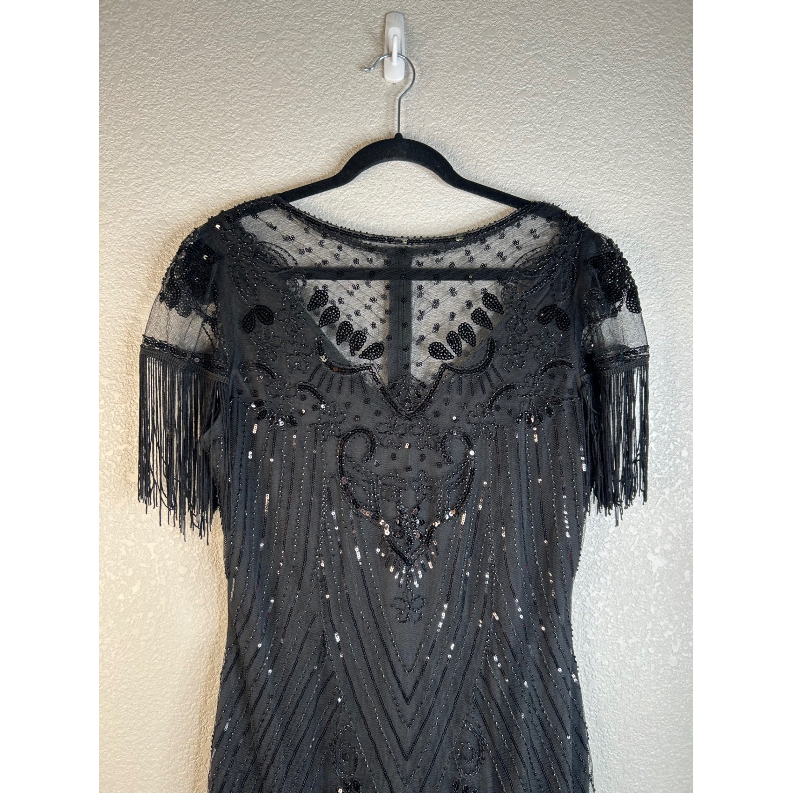 Black Beaded Sequin Fringe Flapper Gatsby Roaring 20’s Vintage Style Dress XL