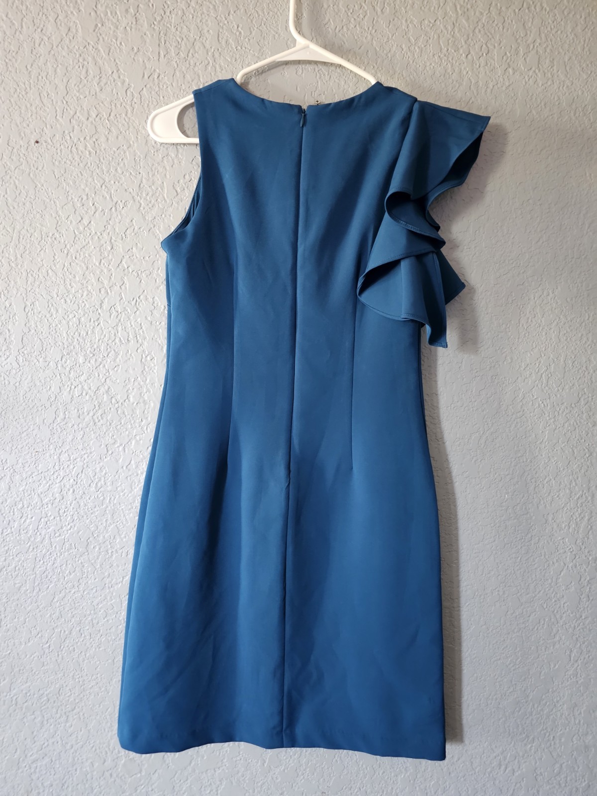 Julia Jordan Blue Woven Solid Round Neck Ruffle Sleeveless Lined Sheath 2
