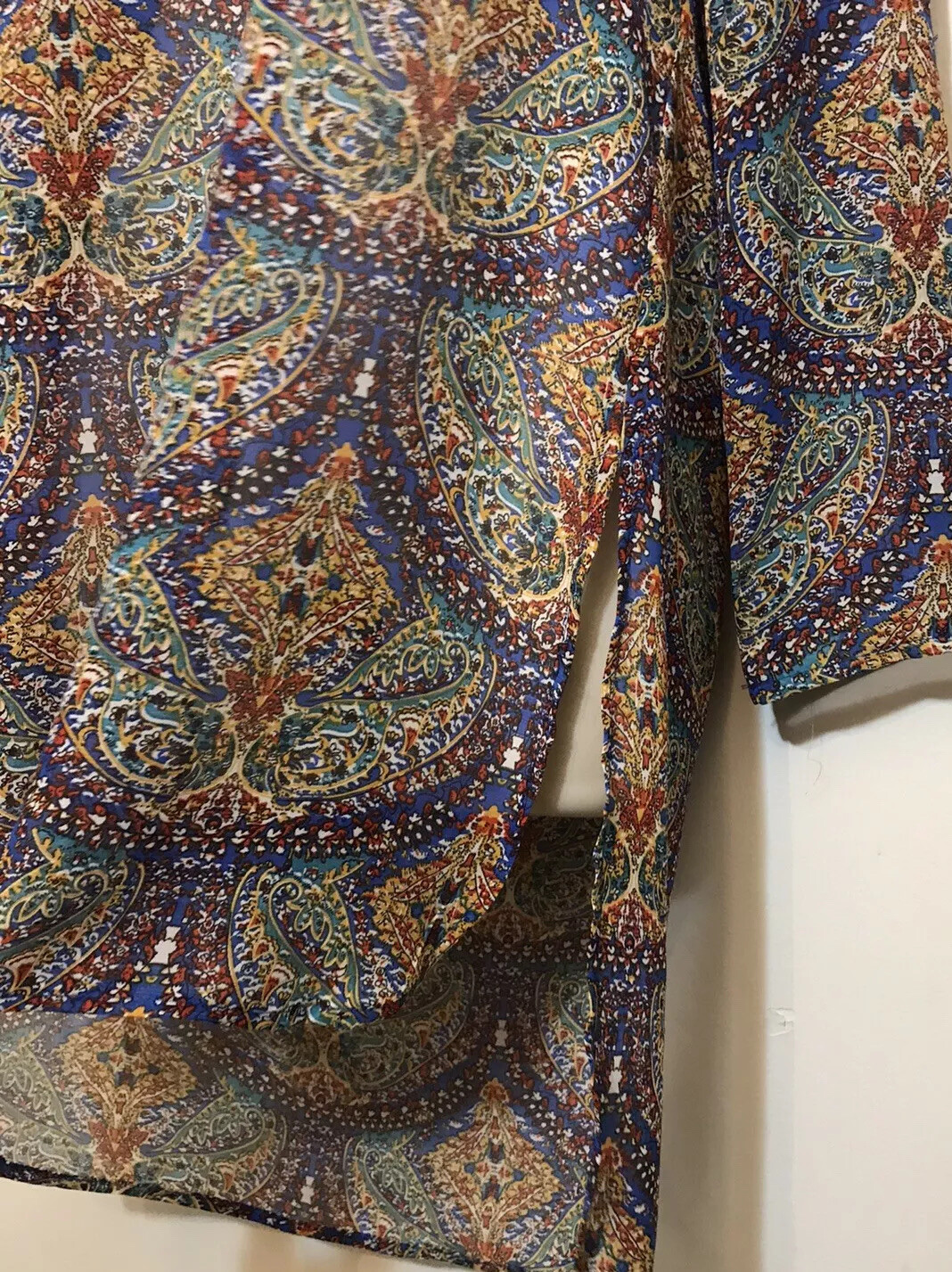 Bobeau Small Tunic Dress Blue & Green Long Sleeve Semi Sheer Lightweight