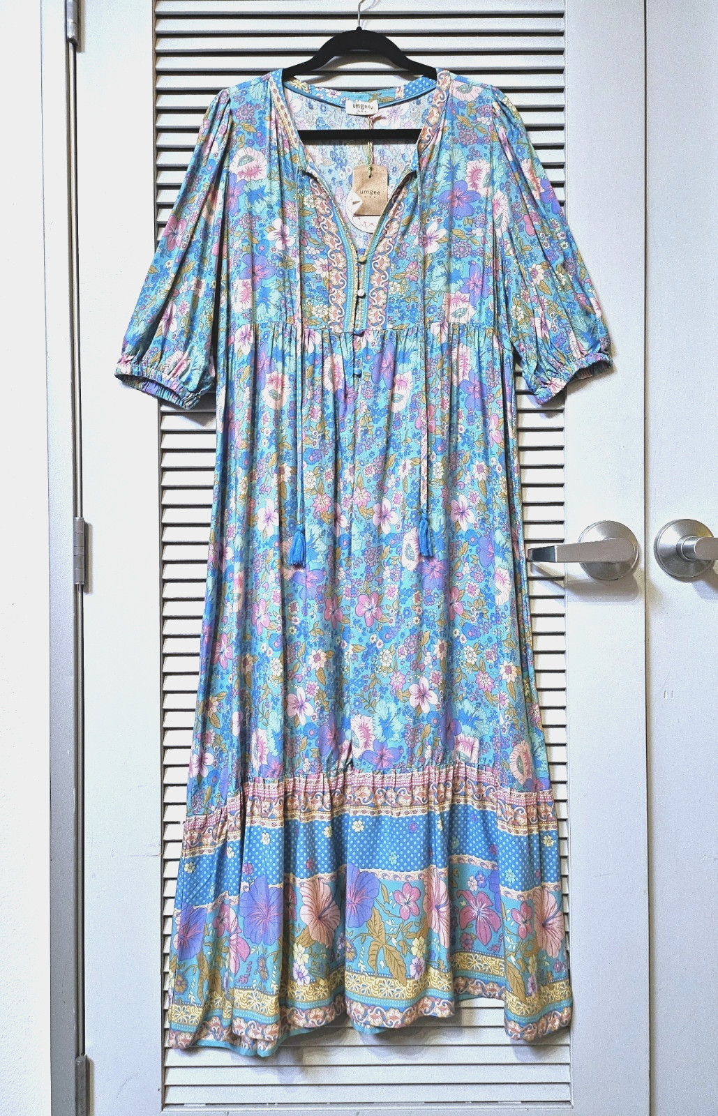 blue/ pink floral ruffle hem maxi long dress M