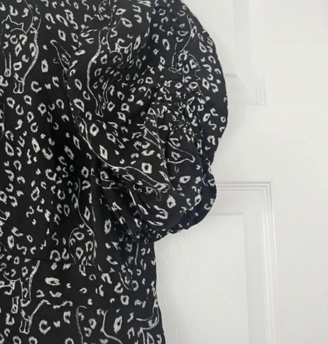 TED BAKER Raayy cat print puff sleeve high neck black white dress 3 12 new r