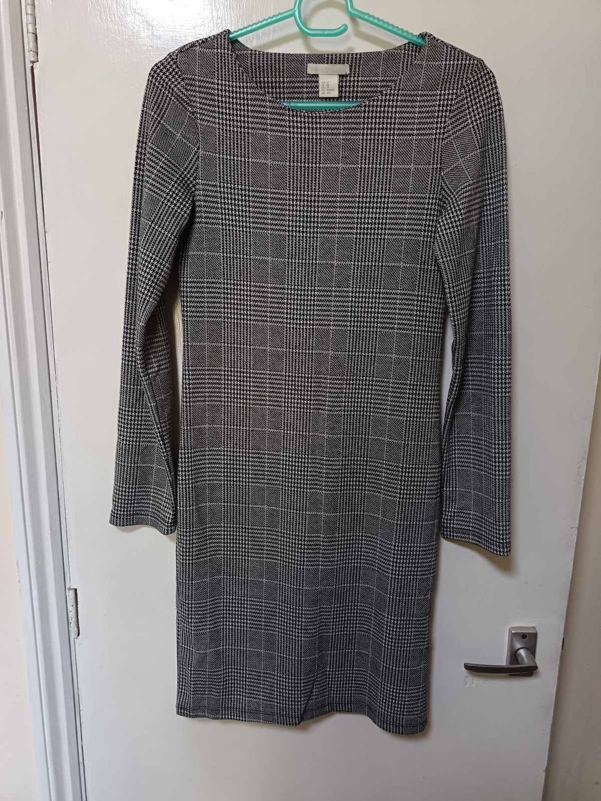 H&M Black Mix Dogtooth check Bodycon Dress long Sleeves XS