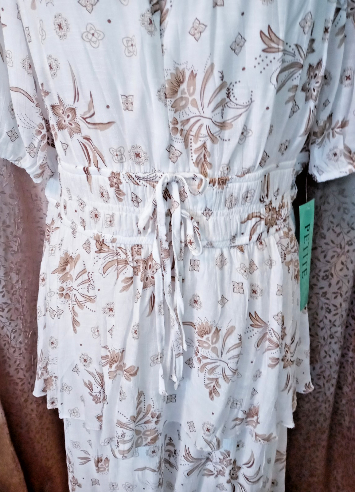 J Gee Feminine Smocked Waist Ruffled Beige & White Floral Print Maxi Dress PXL