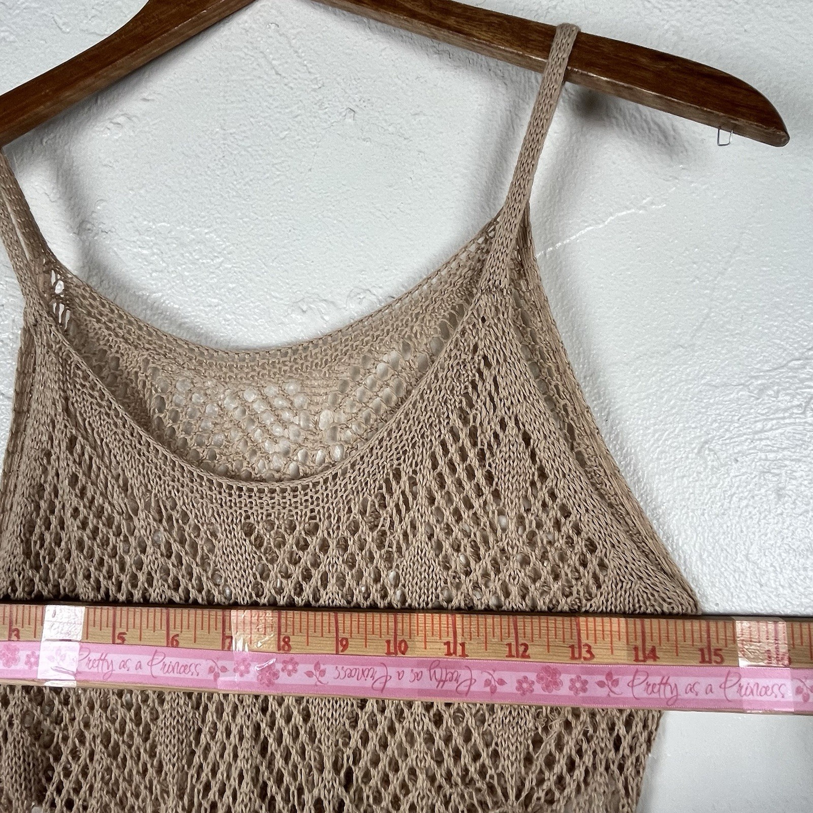 Women’s Crochet Knit Beach Cover Up Dress Tan Open Knit Sleeveless Size M