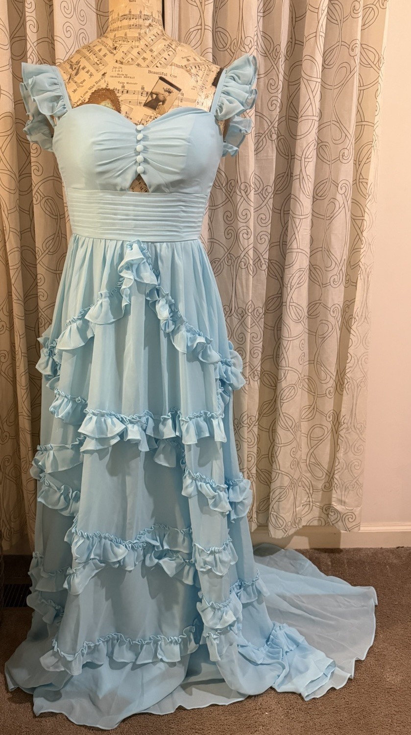 Glamlora A-Line Straps Sky Blue Chiffon Ruffles Long Prom Dress Size 0, New!