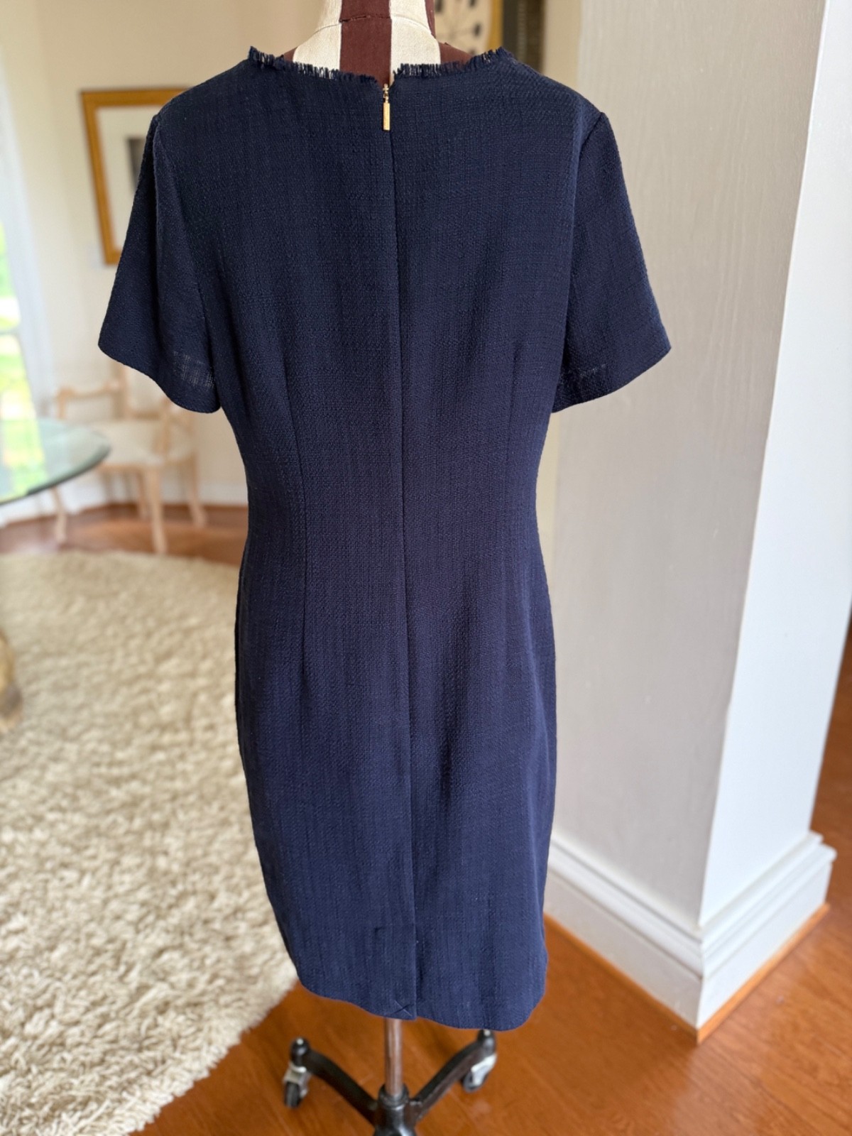 Karl Lagerfeld Navy Blue Tweed Sheath Shift Dress Pockets Rosette Buttons Sz 12