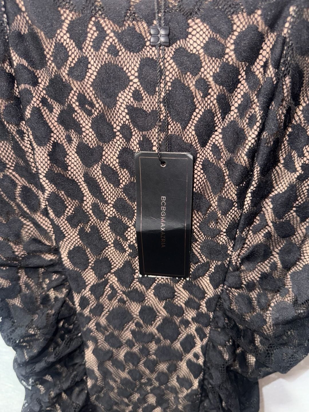 BCBGMAXAZRIA Black Lace Leopard Print Ruched Sleeveless Mini Dress