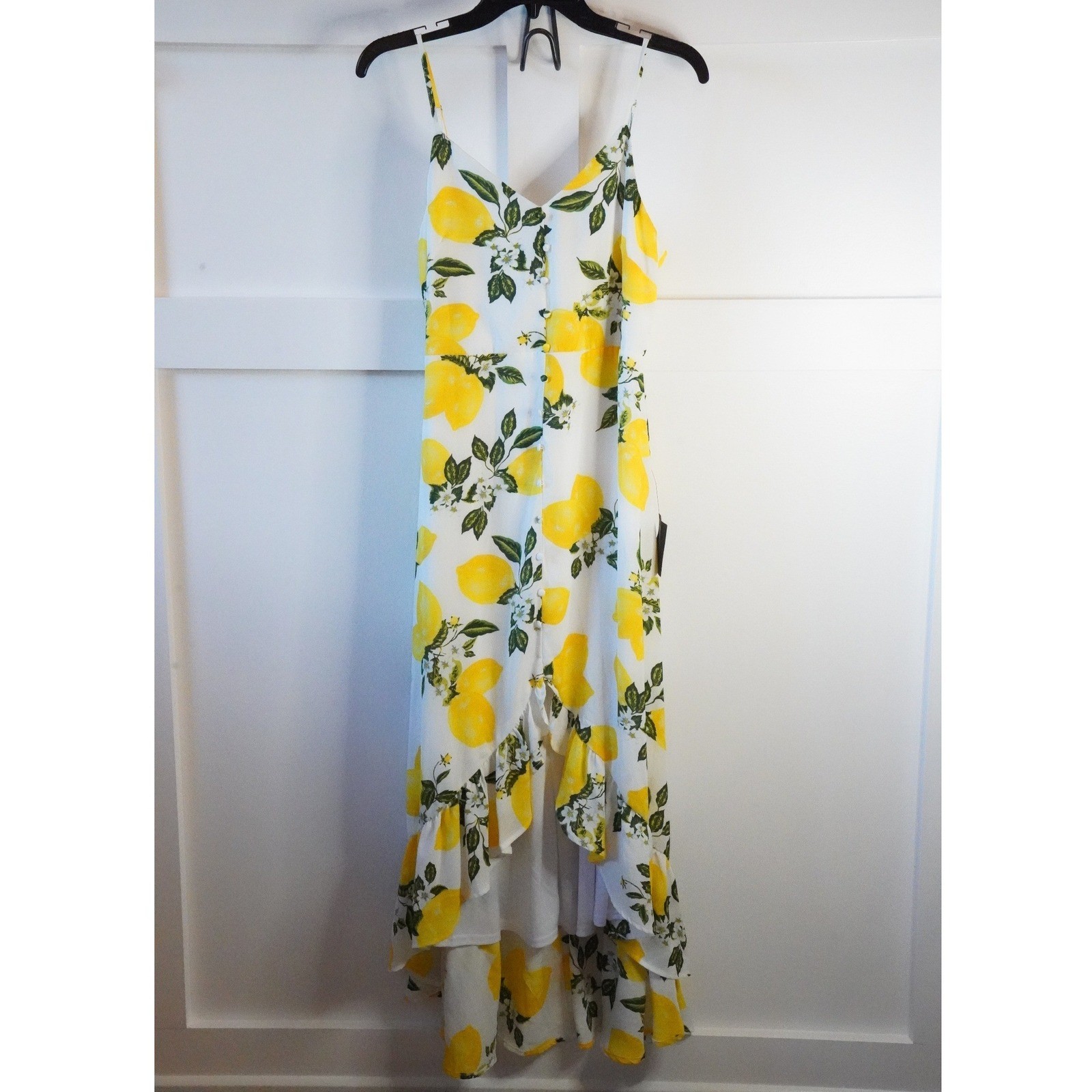 NWT, Lulus, Afternoon Air Yellow Lemon Print High-Low Ruffle Midi Dress Size M