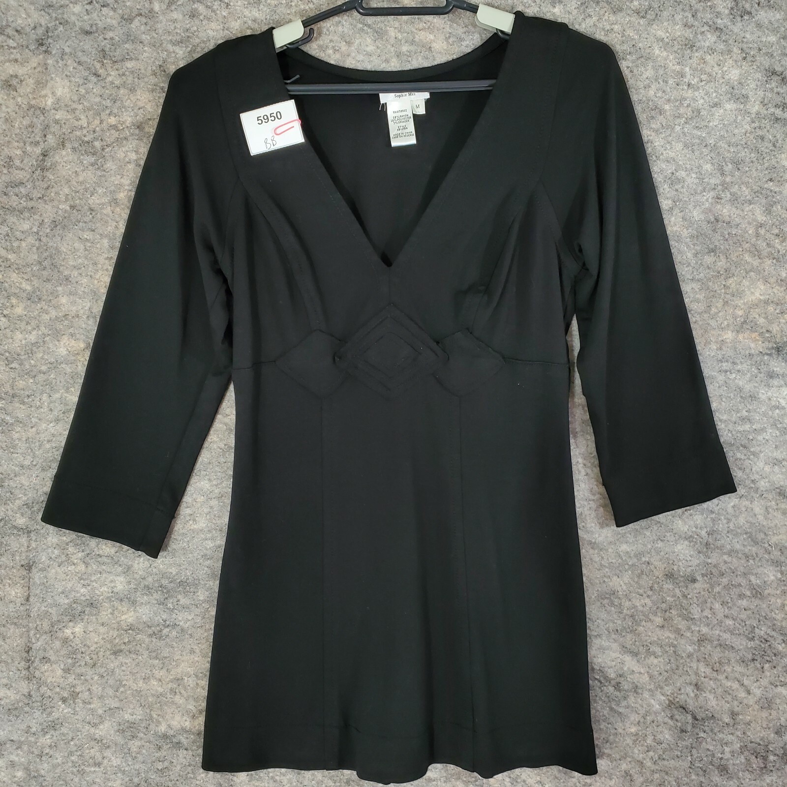 Sophie Max Dress Womens Medium Black Stretch Knit Empire Waist 3/4 Sleeve Short