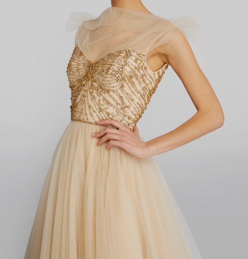 Jenny Packham Women’s Beige Tulle Beaded Dream Gown Dress Size 4