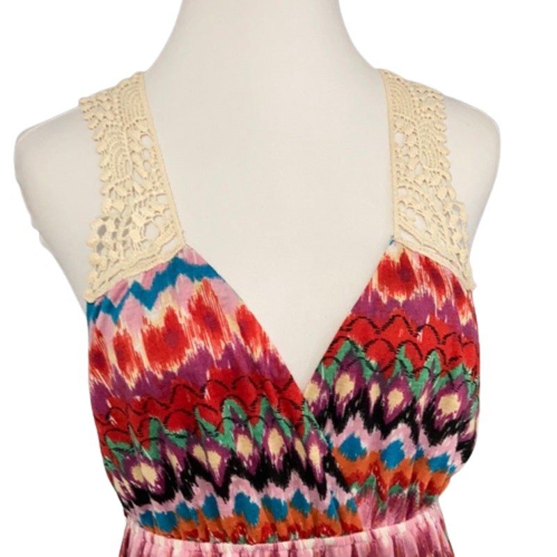 Karlie Red Maxi Dress Medium Multicolor Crochet Open Back Boho Festival Chevron