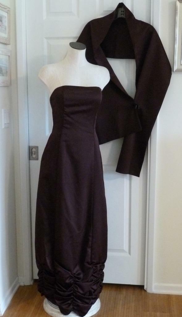 2pc Vtg Jessica Scott McClintock Oxblood Satin Boned Strapless Dress & Shaw 6 S