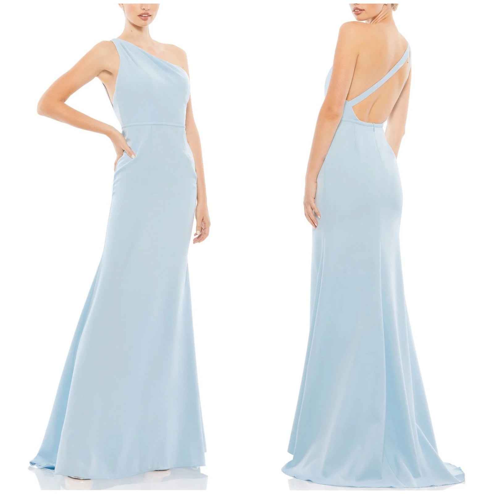 Mac Duggal NWT Blue One Shoulder Jersey Mermaid Gown Size 4 Sweeping Train