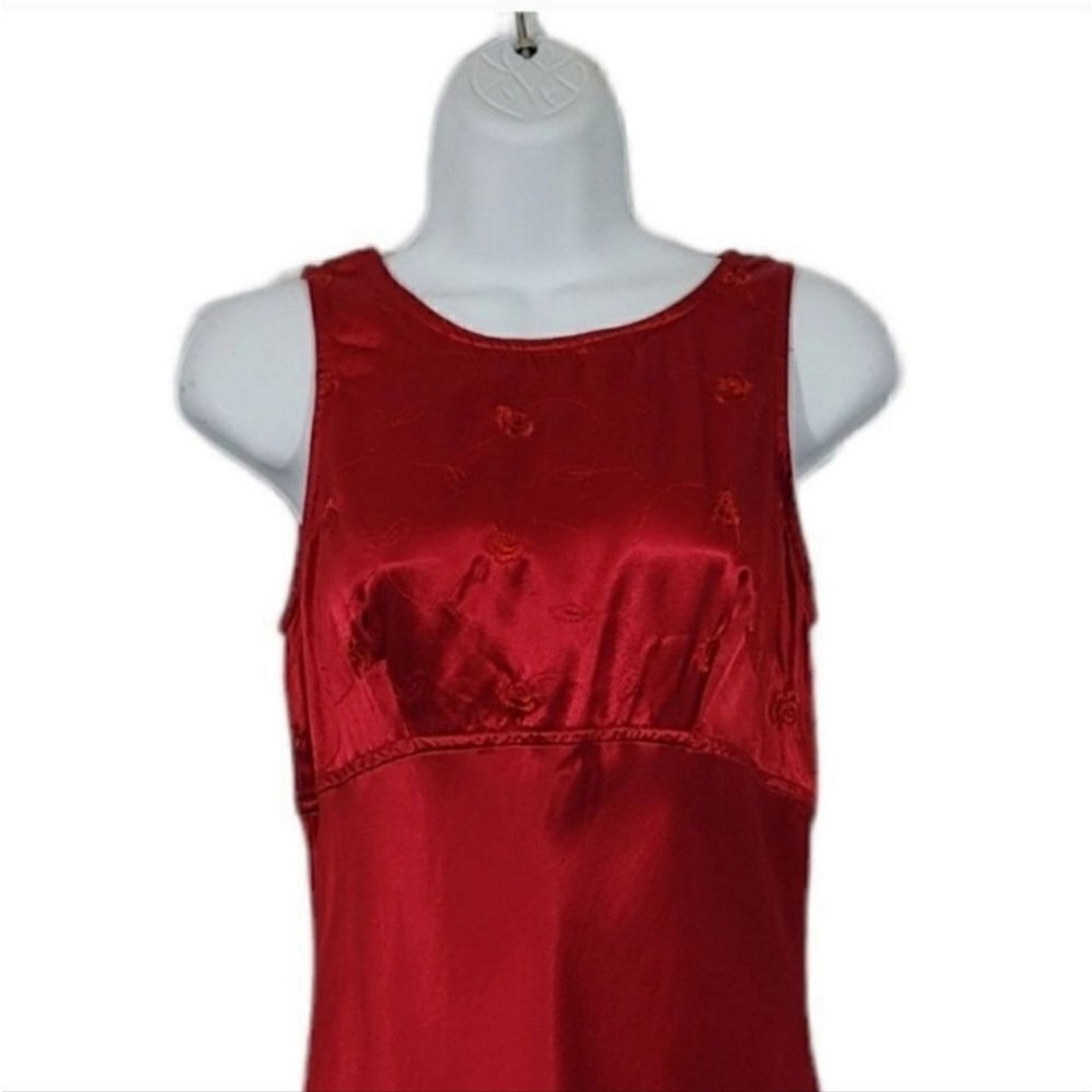 Vintage 90’s Maurices Red Embroidered Satin Slip Midi Dress Modern Size Small