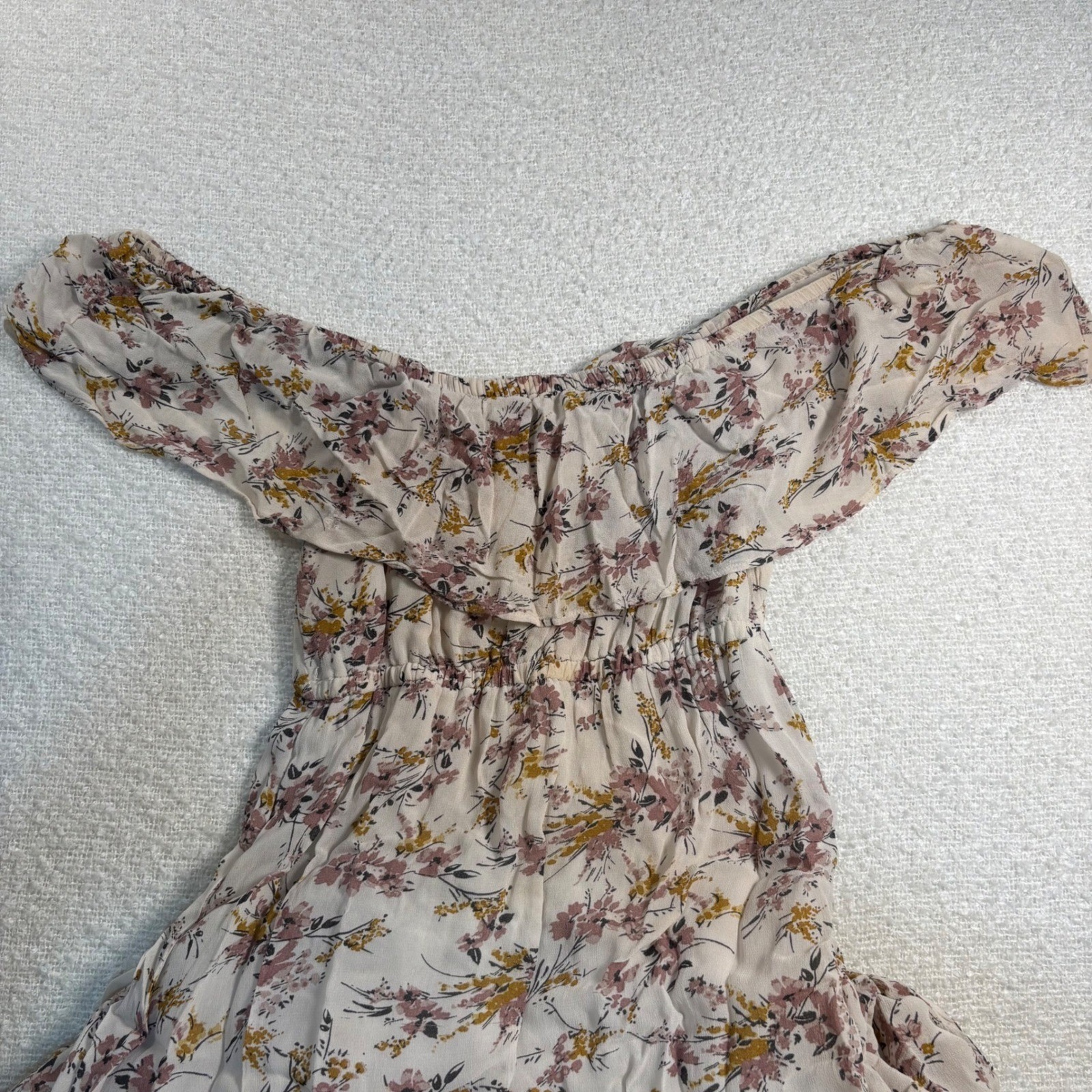 floral pink orange beige ruffle maxi dress boho summer cottage vacation chic