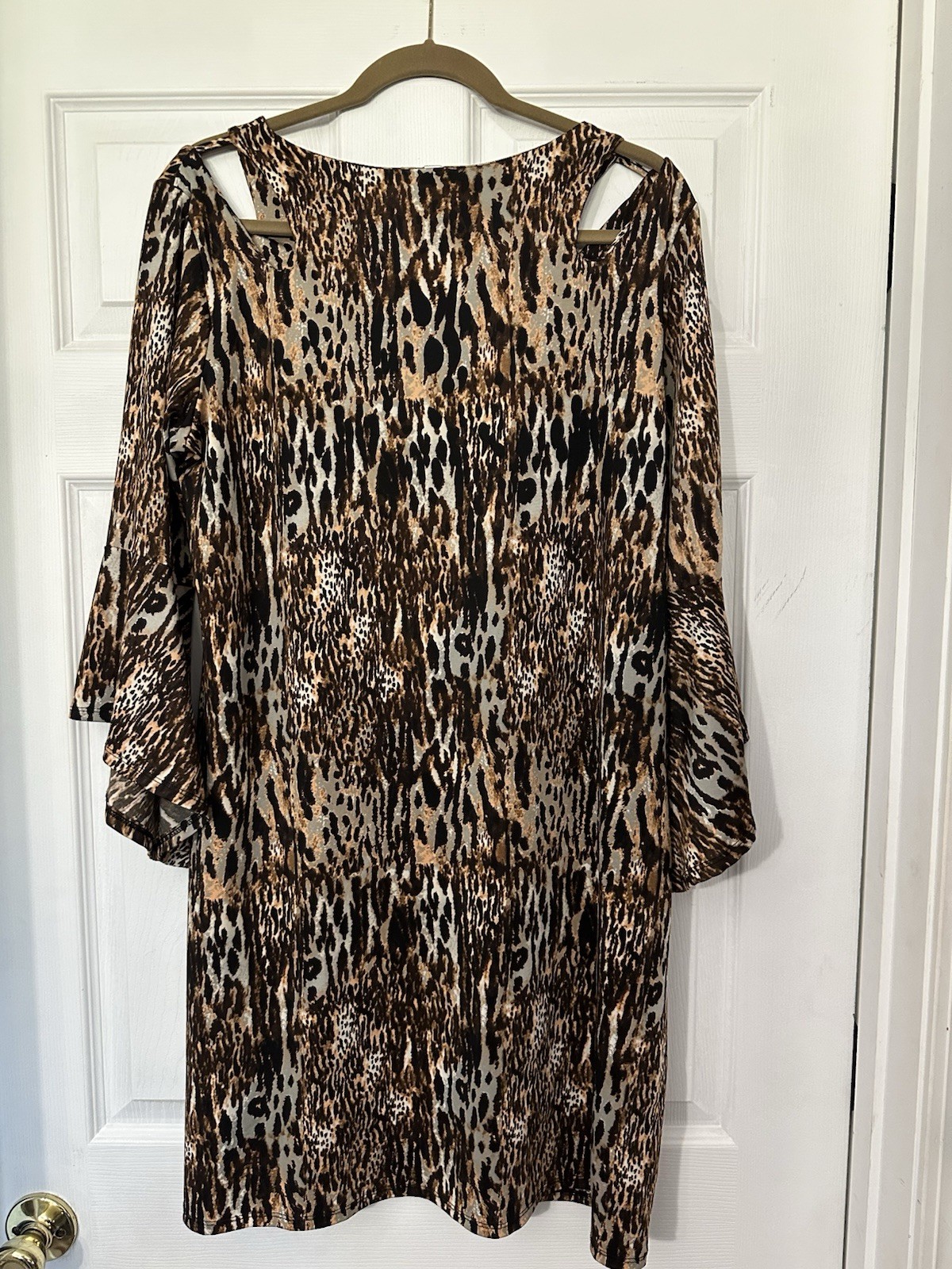 NY Collection Leopard Print Bell Sleeve Lightweight Stretch Shift Dress Size L