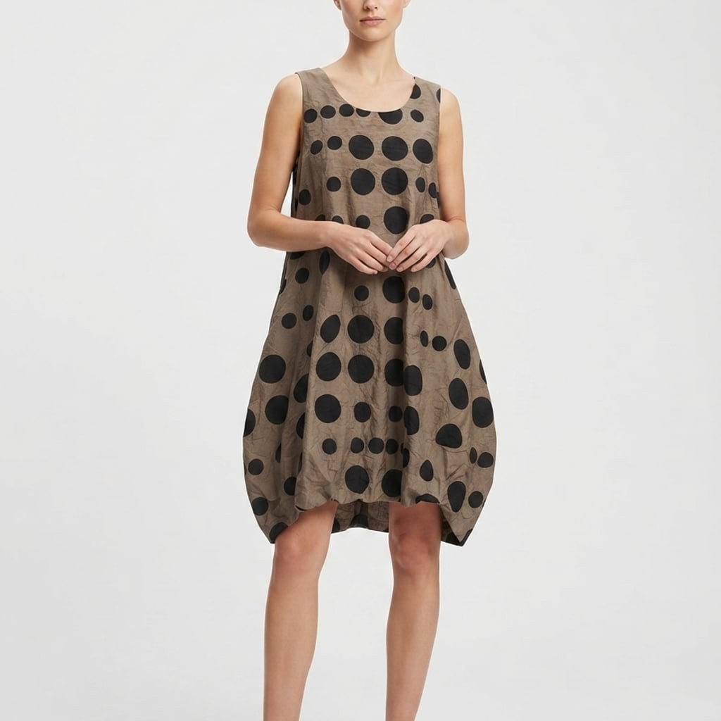 Samuel Dong sleeveless bubble hem midi dress in tan and black polka dot
