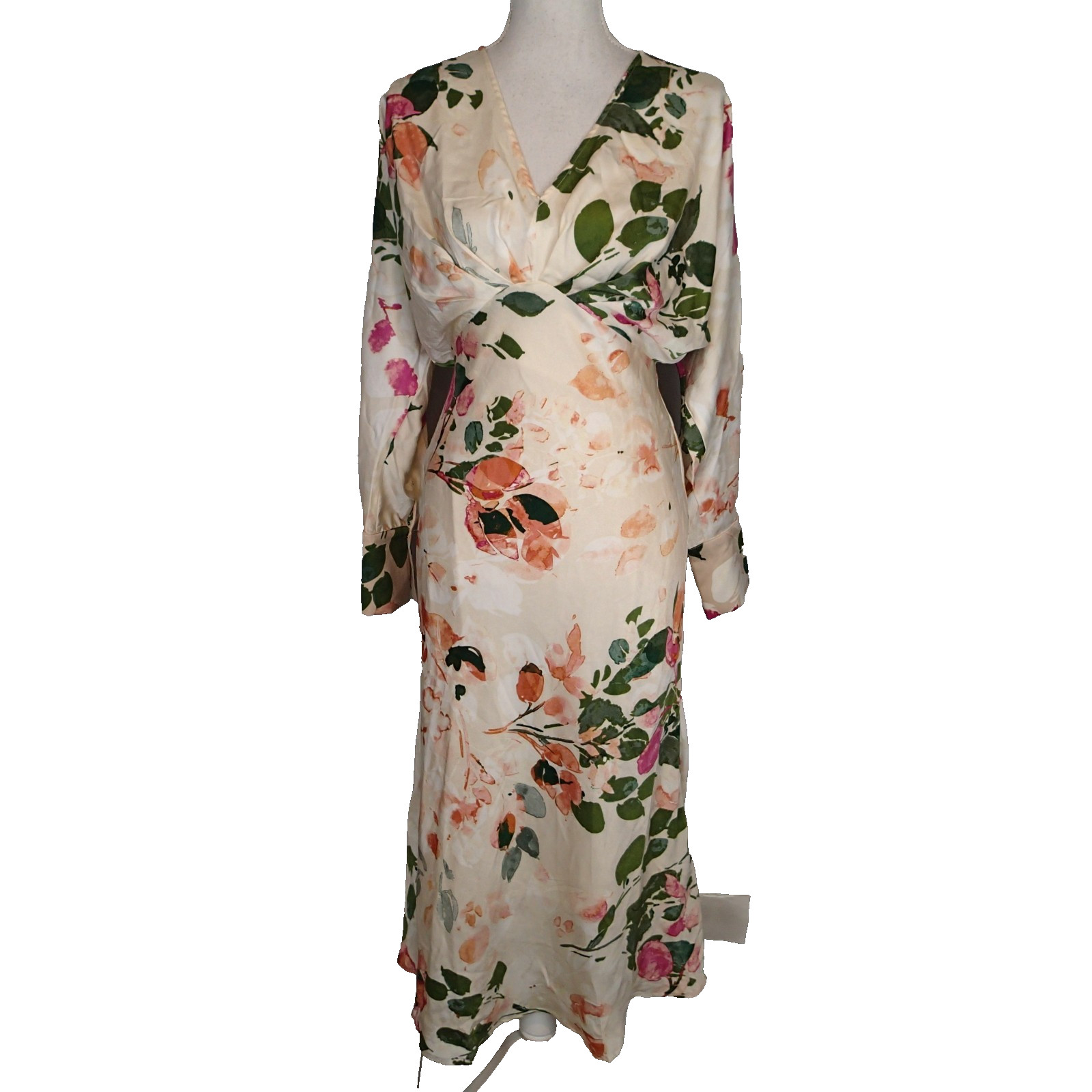 BALTIC BORN Bari Satin Midi Dress in Natural Floral, size s