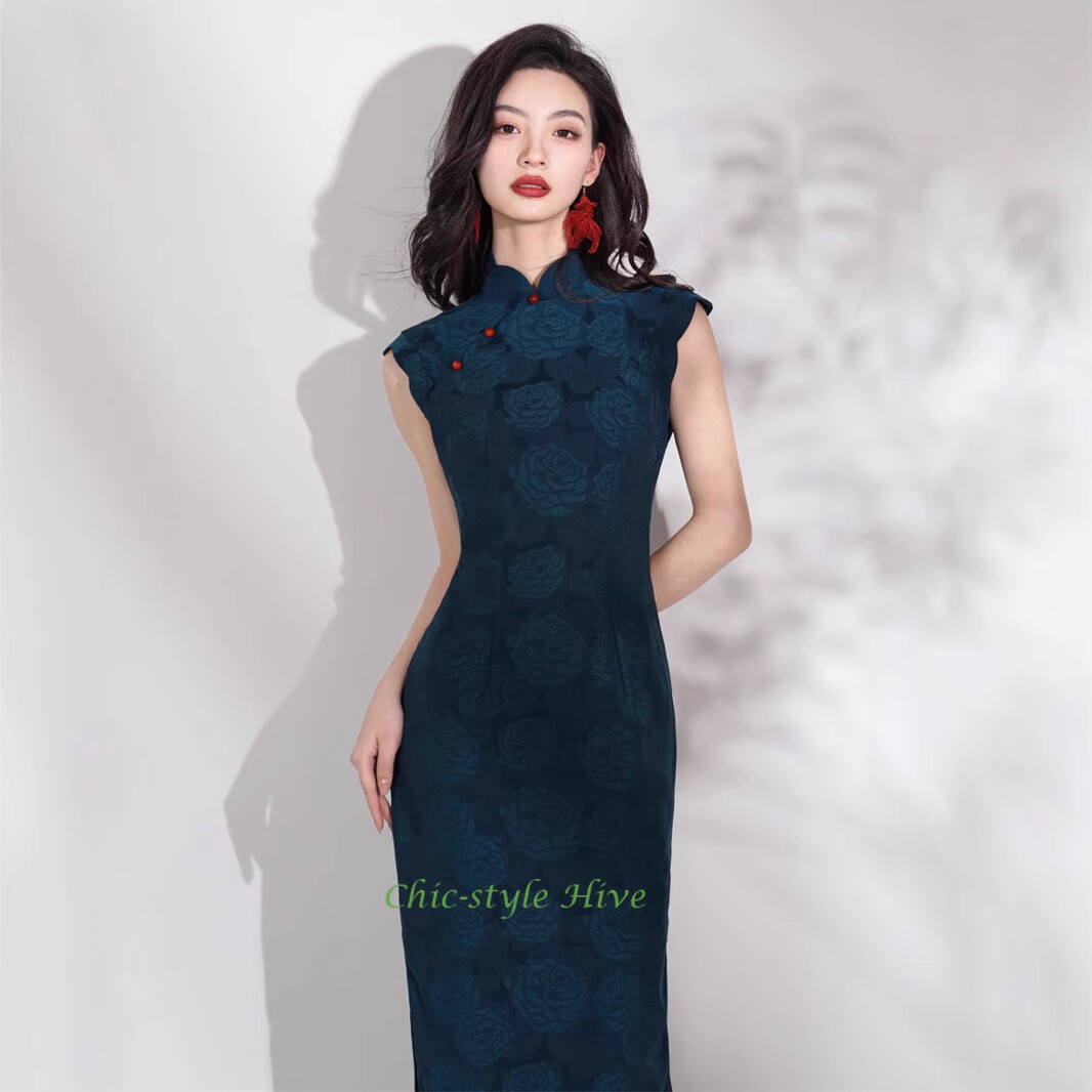 Summer Blue Jacquard Cheongsam Retro Long Style Young Slim Fit Qipao Dress