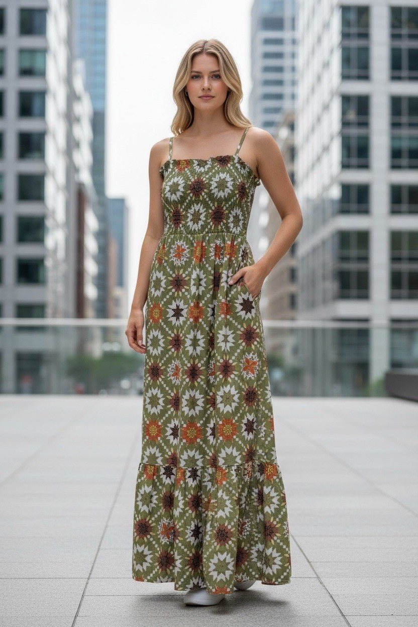 Summer Dress Lightweight Quilt Print Maxi Peasant Cottagecore Women’s S Wedding