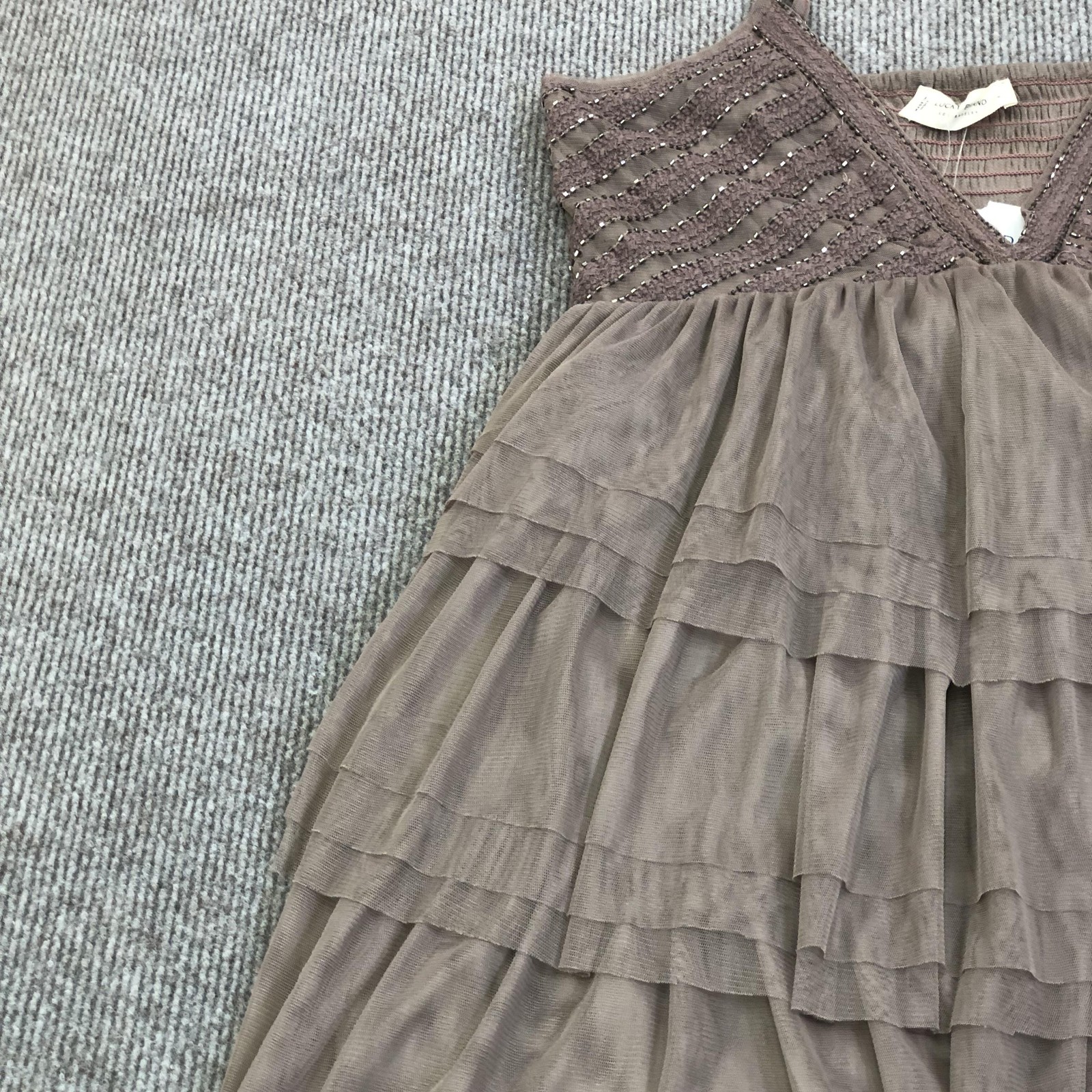 Lucky Brand Dress Womens Small Brown Beaded Smocked Tiered Mesh Party Mini