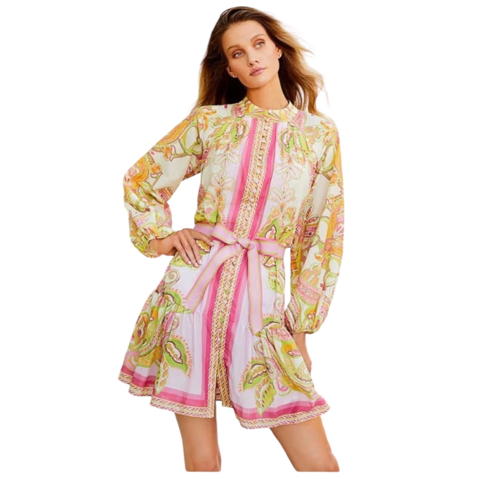 Antonio Melani Womens 12 Scarf Print Floral Border Print Brynn Dress Pink Green
