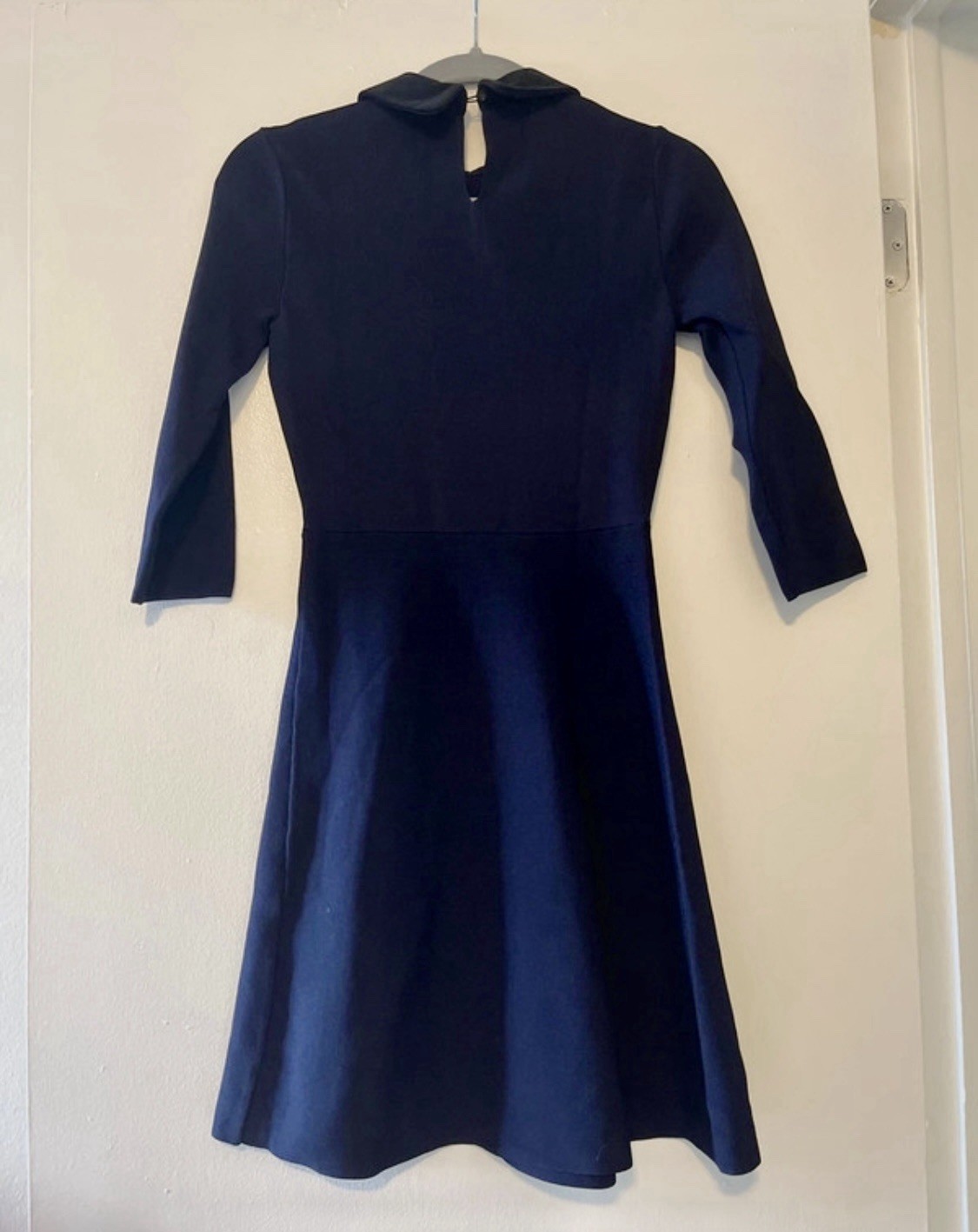Morgan dark blue solid fit & flare dress, XS, short, beaded collared 3/4 sleeve