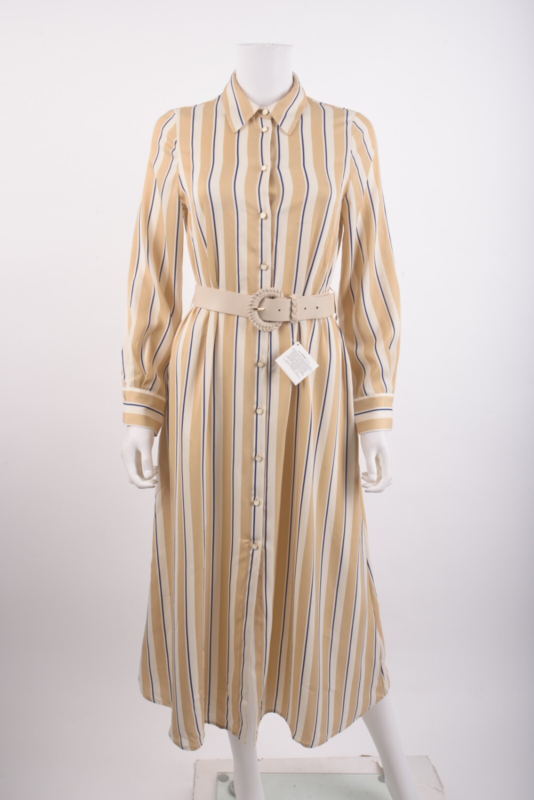 Zara Womens Belted Shirt Dress Midi XS Beige Tan Navy Blue Striped 7969/063 NWT
