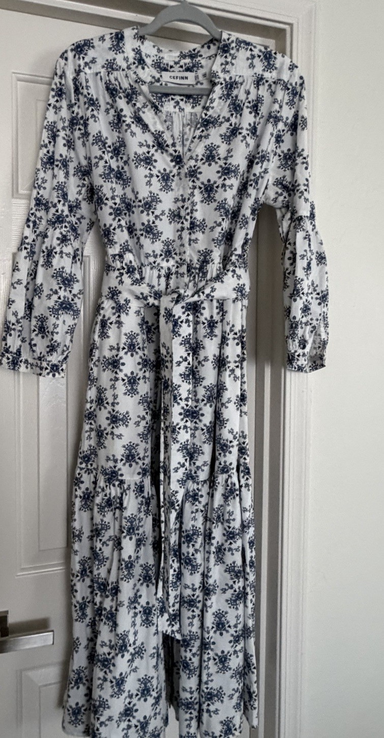 Cefinn Midi Dress White Blue Belted UK14 EU42 US10