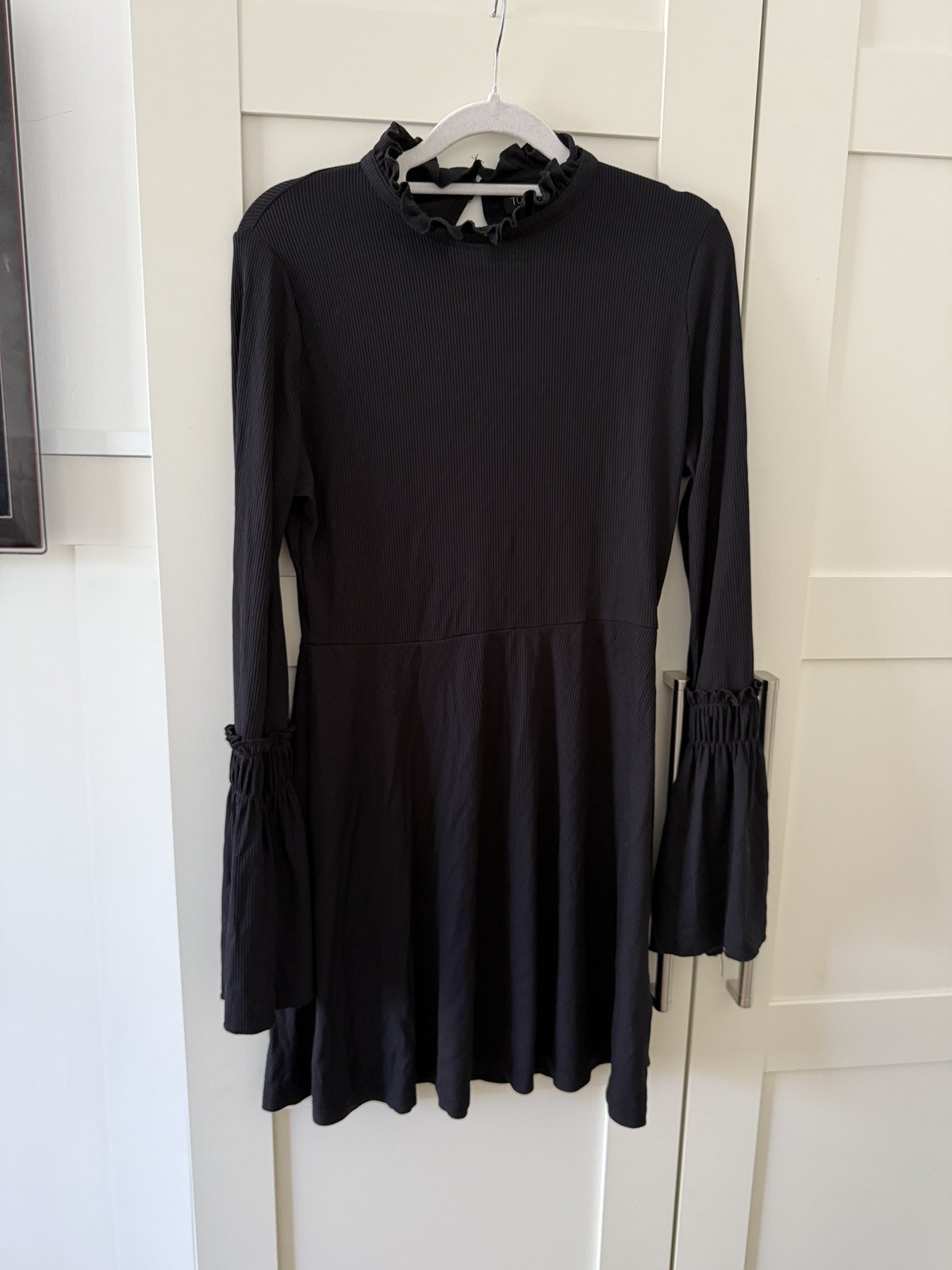 Top Shop black dress size 12 petite smart work party long sleeve ruffle puff