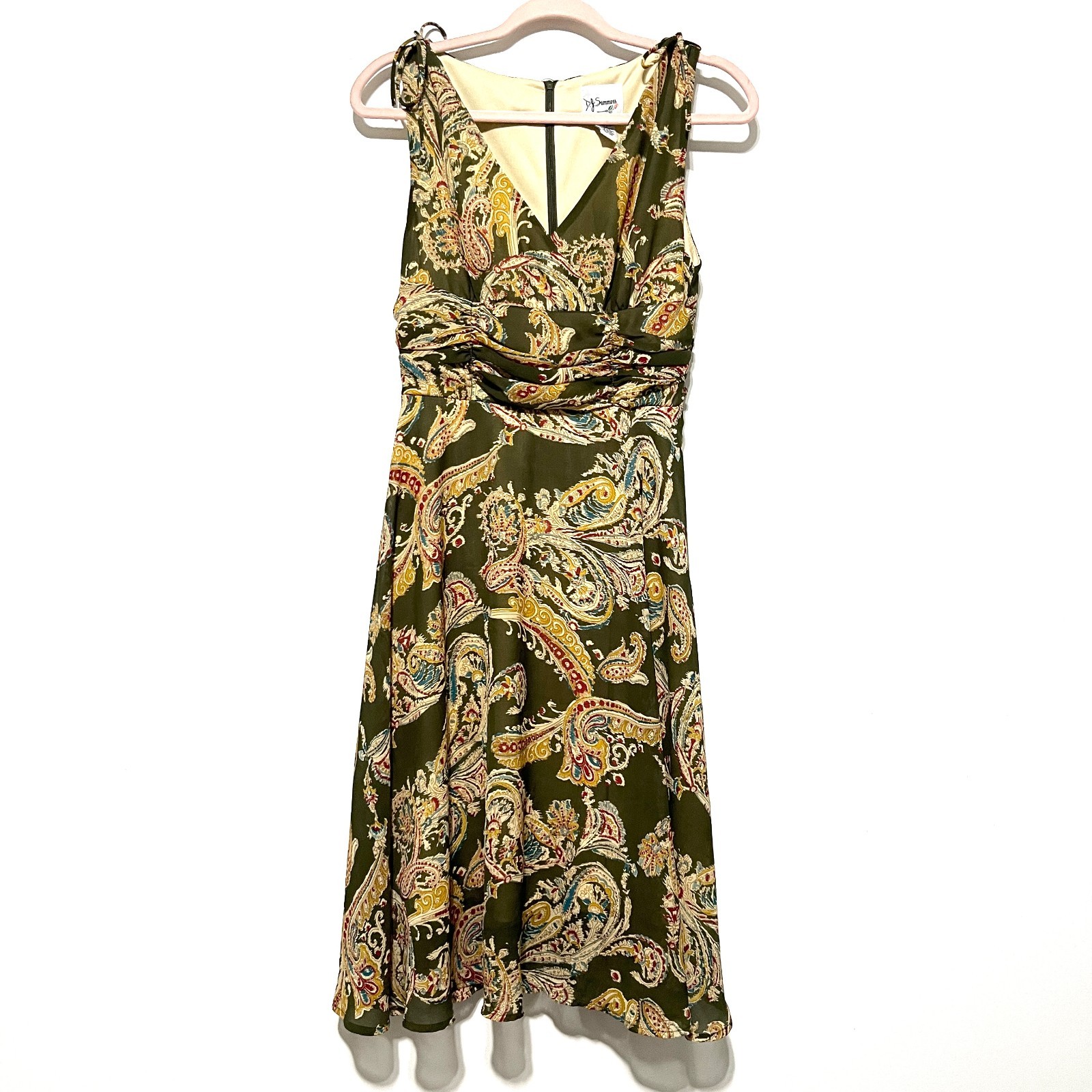 Womens Fairy Chiffon Midi Dress 8 Green Paisley Herbalist Flowy Empire Waist