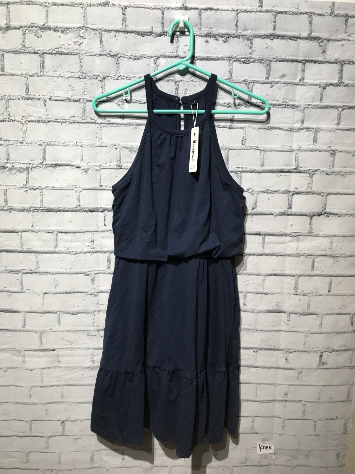 NEW, Newshows, Women S, Navy Blue Halter Sleeveless Stretch Cotton Blend Dress