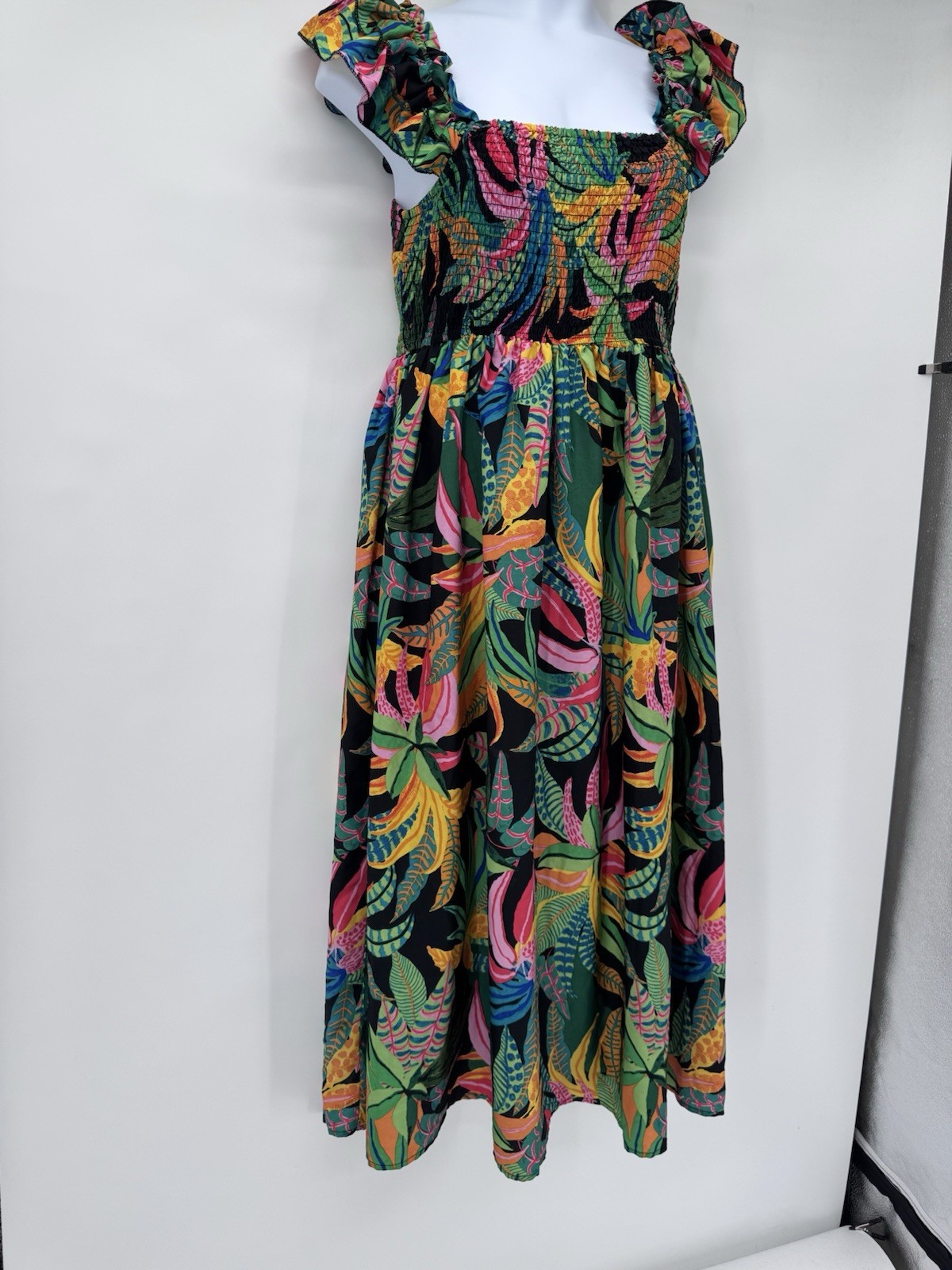 Multicolor Smocked Ruffle Maxi Dress Tropical Beach Vacation resort ptp 26in 2X
