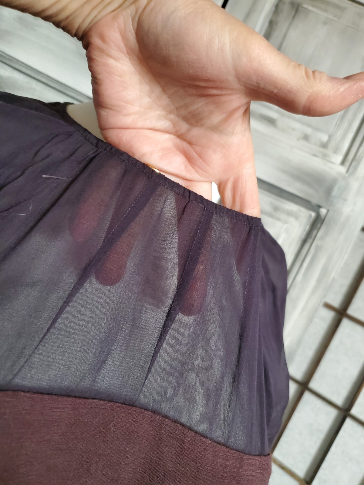 Development by Erica Davies 100% Soft Wool Dark Purple Dress S -M sheer Top