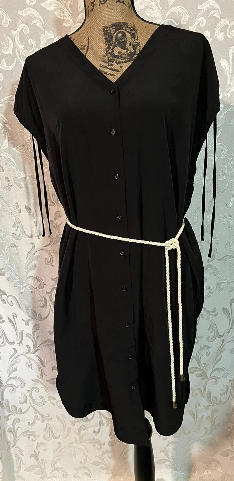 Women’s H&M Black Midi Button Up Dress Size 8 Express Conscious Rope Belt F45