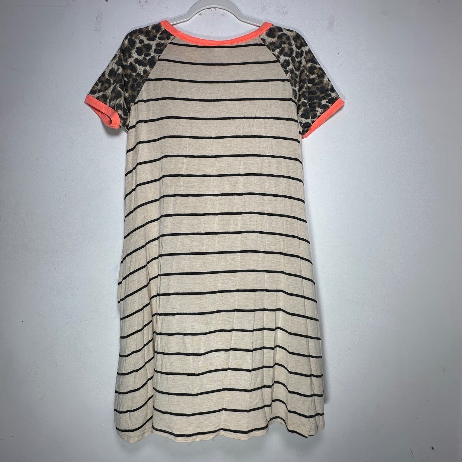 7th Ray Womens Striped Leopard Raglan T-Shirt Dress Neon Orange Trim Large
